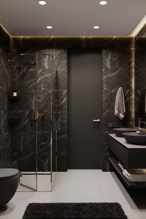 Bathroom Interior Design Luxury Black, Black Luxury Bathroom, Dark Modern Bathroom, All Black Bathroom, Bathroom Interior Design Luxury, Dark Interior Design, Dark Bathroom Ideas, Dark Bathroom, Wc Design