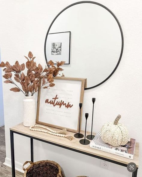 25 Inviting Fall Home Entryway Decor » Lady Decluttered Simple Fall Decor Dining Table, Entry Way Fall Table Decor, Fall Decor For Console Table, Fall Simple Decor, Gold Entry Table, Console Table Fall Decor, Fall Decor Entryway Table, Fall Console Table Decor, Console Entrance