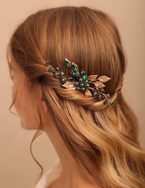 Bohemian Wedding Hair Accessories, Leaf Hair Accessories, Green Wedding Hair, Bridal Hair Barrettes, Emerald Hair, Dark Green Hair, Bohemian Wedding Hair, Black Wedding Hairstyles, Leaf Headpiece