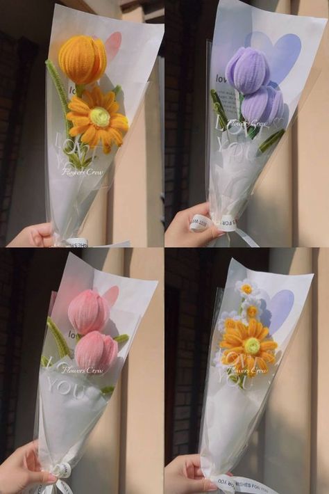 Handmade Flowers Bouquet, Oragami Ideas Cute Easy, One Flower Bouquet, Oragami Ideas Cute, Fuzzy Wire, Flowers Paper Craft, Seni Resin, Chenille Crafts, Clean Flowers