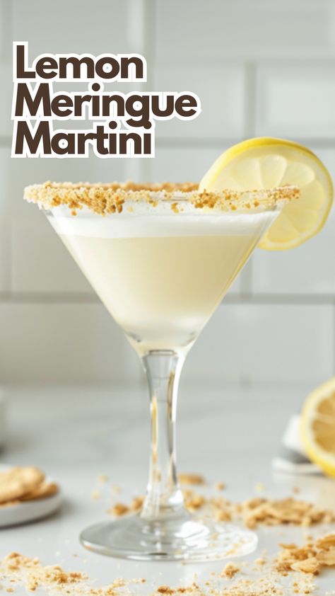 Lemon Meringue Martini Lemon Martini Recipes Vodka, Lemon Meringue Drink, Classic Martini Recipes Vodka, Lemon Meringue Pie Martini, Whipped Vodka Martini Recipes, Lemon Meringue Martini Recipe, Lemon Meringue Martini, Lemon Cheesecake Cocktail, Lemoncello Martini Recipes