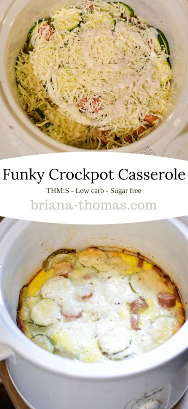 Funky Crockpot Casserole...and how I've been doing THM very simply while working full time for the summer (plus blogging every evening).  The casserole is THM:S, low carb, and sugar free Thm Crockpot, Thm Meals, Briana Thomas, Thm Dinner, Trim Healthy Momma, Crockpot Casserole, Low Carb Slow Cooker, Trim Healthy Mama Recipes, Low Carb Casseroles