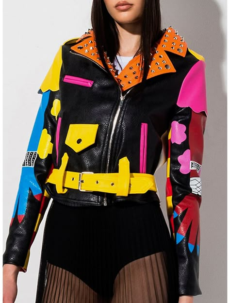 Azalea Wang Graffiti Kisses Vegan Leather Moto Jacket Resell Clothes, Street Art Fashion, Colorful Jacket, Studded Collar, Edgy Looks, Biker Leather Jacket, Jacket Ideas, Statement Jacket, Studded Jacket