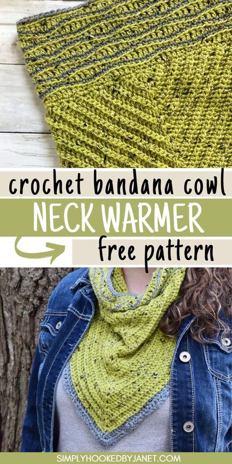 gray and bright green crochet bandana neck scarf/cowl Crochet Triangle Cowl, Crochet Bandana Scarf, Crochet Bandana Cowl, Free Crochet Bandana, Neck Scarf Pattern, Crochet Neck Scarf, Cowl Pattern Crochet, Bandana Cowl, Triangle Crochet