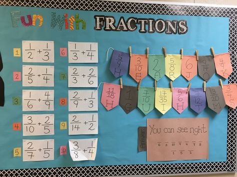 Elementary Math Message Decoding Bulletin Board #RHMS #privateschool #math #bulletinboard #bulletin #board #fractions #education #mathgames #teachers #teacher #teacherideas #teaching #ideas Equivalent Fractions Bulletin Board, Fraction Bulletin Board, Fractions Bulletin Board, Math Bulletin Boards Elementary, Teacher Decorations, Classroom Structure, Math Bulletin Boards, Bulletin Boards Classroom Decor, Teacher Bulletin Boards