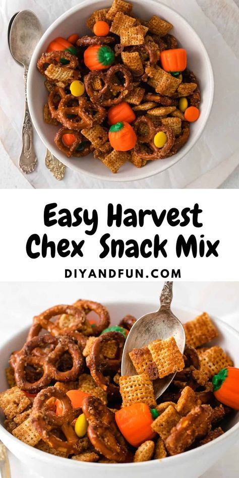 Easy Harvest Chex Snack Mix, a simple and tasty recipe idea inspired by the fall season. Includes sweet and salty ingredients. Chex Mix Inspired Recipes, Chex Snack Mix, Party Mix Recipe, Party Food Bar, Chex Mix Recipes, Fall Snacks, Football Party Food, Popular Snacks, Snack Mix Recipes