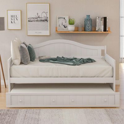 Traditional cottage beadboard design and a classic arched silhouette. Classic style can be matched with various decoration styles and will enhance your room with a charming polished look. Color: Gray | Red Barrel Studio® Twin Daybed w / Trundle in Gray, Size 35.4 H x 42.3 W x 78.2 D in | Wayfair White Trundle Bed, Wooden Daybed With Trundle, Wooden Daybed, Twin Daybed With Trundle, Sofa Bed Bedroom, Sofa Bed Frame, Wood Daybed, Daybed With Trundle, Twin Bed Frame