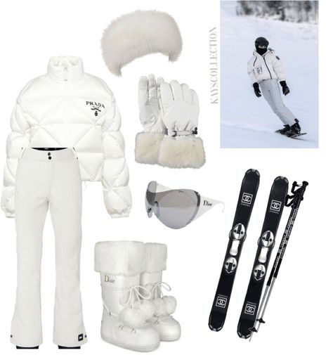 Chanel Skiing Outfit, Dior Skiing Outfit, Chanel Ski Outfit, Ski Outfits For Women Luxury, Prada Skiing, Skiing Trip Outfit, Ski Day Outfit, Ski Outfit Inspiration, Ski Clothes For Women Outfit Ideas