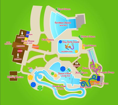 Basic waterpark map I thought would be super cool to change up a little or go for! Leisure Pools, Layout Plan, Wave Pool, Pool Birthday, Snack Shop, Waterpark, Bath House, Water Park, Super Cool