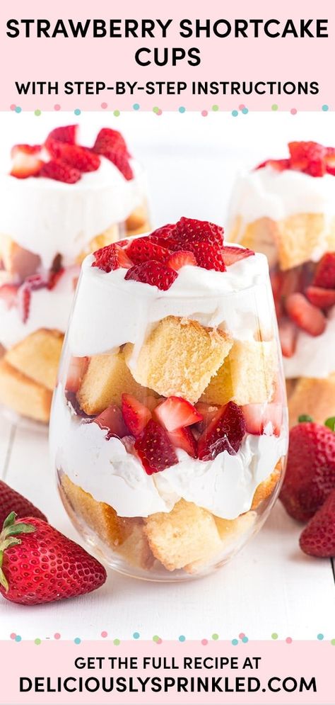 Strawberry Shortcake Trifle Cups are fruity, fun, and perfect for summertime! You only need three simple and inexpensive ingredients to assemble these adorable cups. They're great to serve at backyard barbecues, pool parties, and everything else that's fun under the sun! Individual Strawberry Shortcake, Strawberry Shortcake Cups, Shortcake Cups, Trifle Cups, Strawberry Shortcake Dessert, Strawberry Shortcake Trifle, Easy Strawberry Shortcake, Best Summer Desserts, Strawberry Trifle