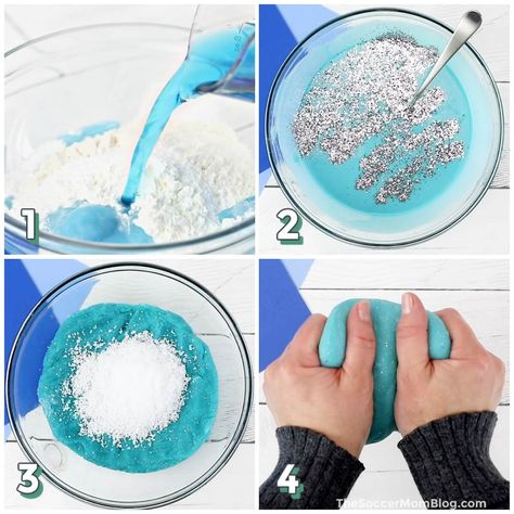 4 step photo collage showing how to make a batch of winter themed playdough. Snow Dough Recipe Conditioner, Snow Playdough, Snowman Playdough Kit, Snow Dough Winter Playdough, Winter Playdough, White Playdough, Themed Playdough Kits, Snow Dough, Instant Snow