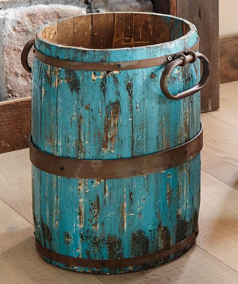 PRICES MAY VARY. 60 Day No Hassle Returns Exclusive Item - Add western style to any room with these wood and iron buckets featuring a weathered turquoise finish. 15"Dia. x 18"H. Store Produce, Planter Storage, Farmhouse Trim, Wood Bucket, Wooden Bucket, Black Forest Decor, Farmhouse Side Table, Wood Shutters, Painting Trim