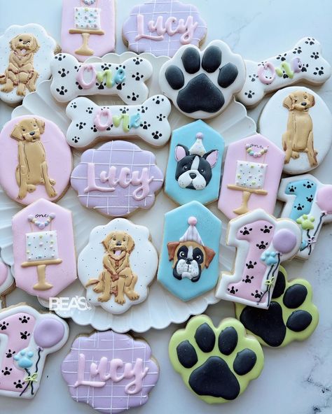 The cutest puppy themed decorated sugar cookies for Lucy’s 1st birthday! 🐾🩵💜 #sugarcookies #decoratedcookies #cookieart #galletasdecoradas #galletasdeinstagram Puppy Birthday Cookies, Puppy Party Cookies, Dog Birthday Cookies Decorated, Lets Pawty Birthday Cookies, Let’s Pawty Birthday, Cat Cookies, Cookie Art, Birthday Cupcakes, Sugar Cookies Decorated