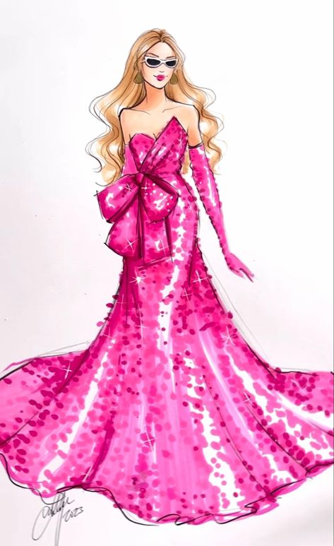 Barbie Dress Sketch, Holly Nichols Illustration Sketch, Candy Dress Drawing, Barbie Fashion Illustration, Barbie Dress Drawing, Holly Nichols Illustration, Holly Nichols, Hot Pink Fashion, Barbie Fashion Sketches