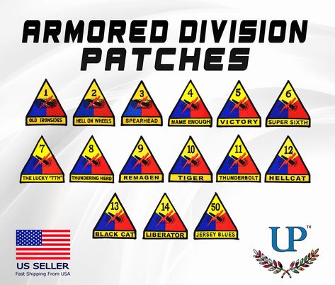 "Embroidered US Army Armored Divisions Iron On Patches, Armored Division Patches, 1st to 50th Armored Divisions PLEASE READ DESCRIPTION BEFORE YOU PURCHASE 1) Choose the code of the patch, read the type and size of the patch listed below. 2) Select quantity 3) To buy different ones, add to cart individually. ##PATCH CODE ##PATCH NAME ##BACKING TYPE ##SIZE AD001 - Old Ironsides (Iron-On) (3-3/4\") AD002 - Hell on Wheels (Iron-On) (3-3/4\") AD003 - Spearhead (Iron-On) (3-3/4\") AD004 - Name Enough Us Army Patches, Army Divisions, Army Look, Army Patches, Tiger Iron, Hell On Wheels, Military Insignia, Velcro Patches, Army Veteran