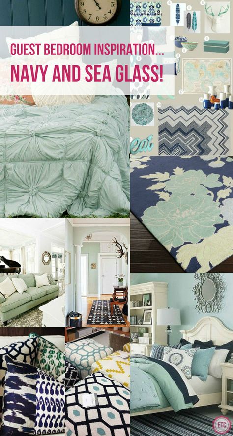 Guest Bedroom Inspiration... Navy and Sea Glass! - Happily Ever After, Etc. Navy Bedroom Decor, Guest Bedroom Inspiration, Navy Bedroom, Navy Bedrooms, Dark Living Rooms, Guest Bedroom Decor, Bedroom Images, Coastal Bedroom, Bedroom Green