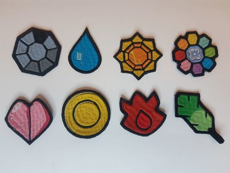 Unique handmade embroidered Kanto Pokemon Gym Badge Patches. #pokemon #kanto #patches Kanto Gym Badges, Kanto Pokemon, Anime Patches, Pokemon Gym Badges, Pokemon Patch, Dancing Bunny, Bunny Accessories, Pokemon Kanto, Simply Aesthetic