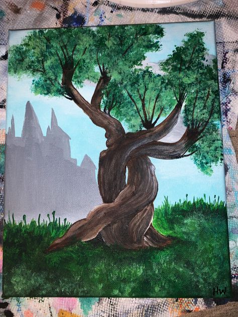 Acrylic Painting Canvas Harry Potter, Harry Potter Oil Pastel Art, Whomping Willow Drawing, Harry Potter Paintings Easy, Harry Potter Easy Painting, Hogwarts Painting Easy, Easy Harry Potter Painting, Harry Potter Painting Ideas On Canvas, Harry Potter Painting Ideas Easy