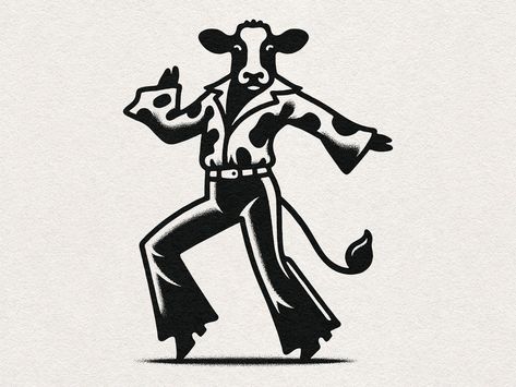 Cow Vintage Illustration, Cow Illustration Design, Cow Graphic Design, Disco Illustration, Announcement Graphic, Dancing Illustration, Black And White Graphic Design, Style Graphique, Cowboy Graphic