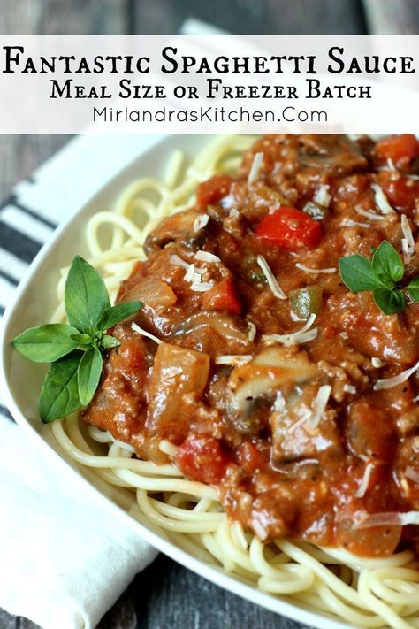 This unique Spaghetti Sauce has a bold, deep flavor from tons of herbs, peppers, mushrooms, a few surprise ingredients, and plenty of beef!  It is a great cook and freeze recipe for busy nights! Taco Balls, Gloria Stewart, Homemade Spaghetti Sauce, Saffron Threads, Homemade Spaghetti, Pasta Sauces, Mouthwatering Recipes, Gravy Recipes, Frozen Meals