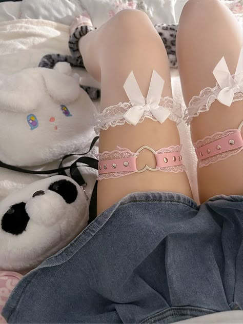 Leg Garter Outfit, Thigh Garter Outfit, Garter Outfit, Cute Pink Outfits, Thigh High Stockings And Tights, Thigh Garter, Egirl Aesthetic, So Bored, Pink Puppy