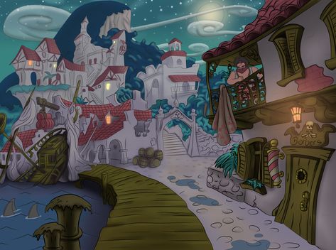 This digital piece, inspired by Bill Tiller’s background art in the 1997 video game The Curse of Monkey Island, was drawn as an additional scene to compliment the existing game world. Monkey Island Art, Curse Of Monkey Island, Night Monkey, Game World, Monkey Island, The Curse, Background Art, Digital Illustrations, At Night