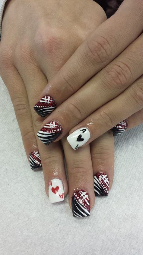 Poker Nails, Ace of Heart Nails Ace Of Spades Nail Art, Poker Card Nails, Ace Nails Designs, Playing Card Nail Designs, Poker Nails Design, Ace Nails, Poker Nails, Poker Nails Design Las Vegas, Vegas Nail Art