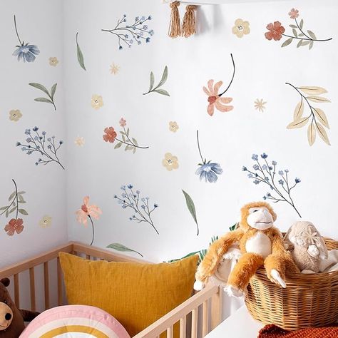 Amazon.com: Boho Colorful Flower Wall Decals-Watercolor Flower Greenery Wall Sticker-Daisy Wildflower Grass Wall Decal,DIY Peel and Stick Art Wall Decor Mural for Nursery Kids Bedroom Living Room Home Decoration : Baby Wild Flower Nursery, Mural For Nursery, Colorful Flower Wall, Boho Flower Wall, Nursery Wall Painting, Girls Nursery Floral, Ikea Nursery, Greenery Wall, Decor Mural