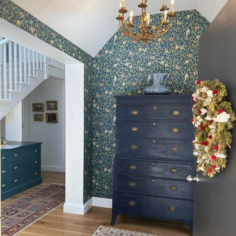 Silk Interiors | We love seeing our wallpaper in the wild. Here's @wmorrisandco's Bird & Pomegranate Wallpaper in Blue & Sage looking stunning in this… | Instagram Bird Pomegranate Wallpaper, Pomegranate Wallpaper, Wallpaper In Blue, William Morris Wallpaper, Morris Wallpapers, Blue Sage, In The Wild, William Morris, Pomegranate