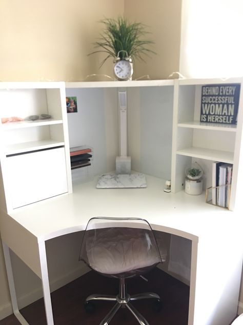 Mickey corner desk from ikea Desks For Small Spaces Bedrooms Corner, Ikea Curved Desk, Rounded Corner Desk, Mickey Desk Ikea, Ikea Micke Corner Desk, Corner Desks For Small Spaces, Corner Desk Ikea, Mickey Desk, Corner Desk Organization