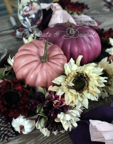 Fall Tablescape in Plum and Pink - Celebrate & Decorate Colorful Pumpkins, Fall Front Door Decor, Fall Purple, Fall Front Door, Fall Thanksgiving Decor, Fall Tablescapes, Pink Pumpkins, Fall Decorations Porch, Elegant Fall