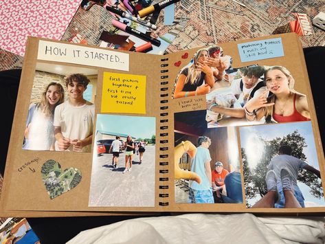 Love Photo Album Ideas, Brown Paper Scrapbook, Cute Photo Album Ideas For Boyfriend, Scrap Book Ideas Layouts Aesthetic, How We Met Scrapbook, Picture Book Boyfriend, One Year Of Us Scrapbook, Memories Book For Boyfriend, Adventure Book Scrapbook Ideas