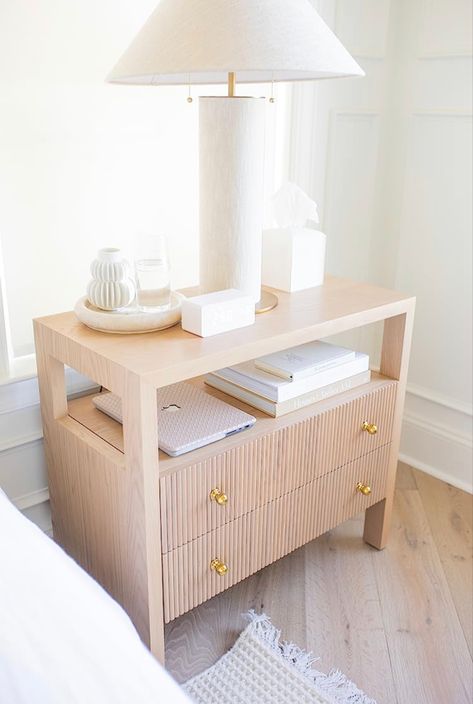 Nightstand Aesthetic, Wide Bedside Table, Boho Nightstand, Light Wood Bed, Nyc Rooms, Bedside Water Carafe, Teresa Caruso, Nightstand Styling, Nightstand Organization