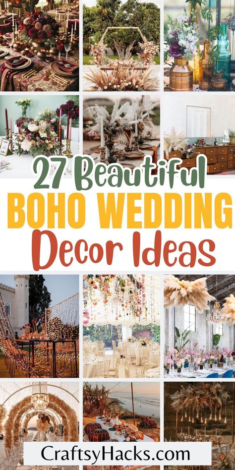 Create the enchanting boho chic wedding of your dreams with our beautifully curated wedding decorations that capture the essence of bohemian elegance. These boho wedding ideas combine rustic aesthetics with lush florals and eclectic accents to bring your whimsical wedding vision to life. Boho Chic Wedding Theme Ideas, Boho Decorations For Wedding, Inexpensive Boho Wedding Decor, Rustic Bohemian Wedding Ideas, Fall Boho Outdoor Wedding, Wedding In May Ideas, Ranch Wedding Ideas Outdoor Receptions, Boho Bar Decor Wedding, Spring Boho Wedding Ideas