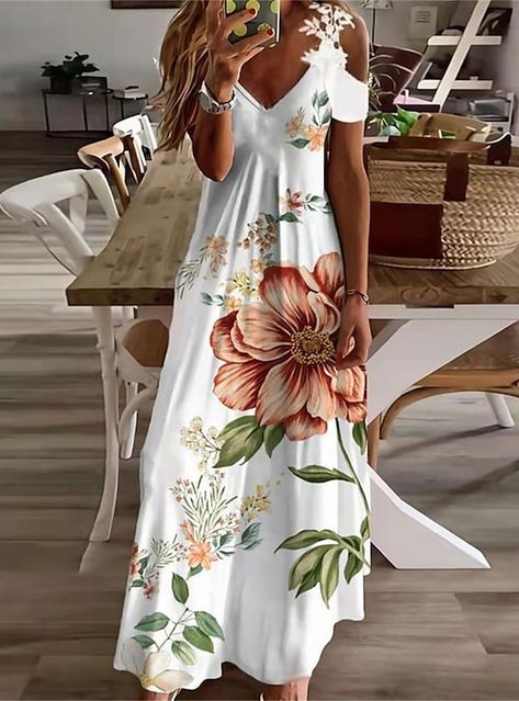 Maxi Dress Casual, Womens Long Dresses, Ombre Fashion, Printed Summer Dresses, Short Sleeve Maxi Dresses, Floral Dresses Long, Maxi Robes, Necklines For Dresses, Vestido Casual