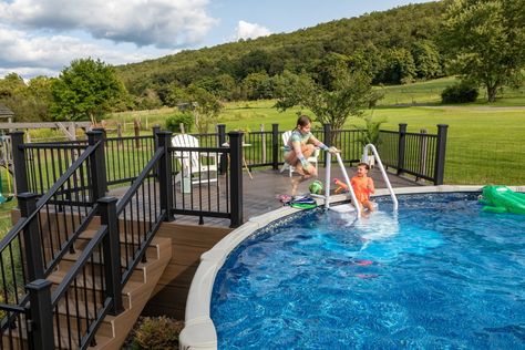 Privacy For Above Ground Pool, Swimming Pools Backyard Inground, Deck Gardening, Pool Deck Furniture, Pool Deck Decorations, Pool Makeover, Deck Diy, Round Above Ground Pool, Build A Deck