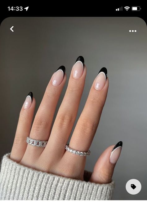 Nail Inspo Almond Black, Black Hoco Nails, Black French Manicure, Uñas Aesthetic, Hoco Nails, Teen Stuff, Bend And Snap, Black French Tips, Classy Nail Designs