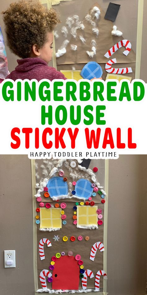 Gingerbread House Sticky Wall - HAPPY TODDLER PLAYTIME Gingerbread Infant Activities, Gingerbread House Toddler Crafts, Gingerbread Man Fine Motor Activities, Gingerbread Process Art Preschool, Gingerbread Daycare Theme, Gingerbread House Preschool Activities, Gingerbread Toddler Crafts, Toddler Gingerbread Crafts, Gingerbread Toddler Activities