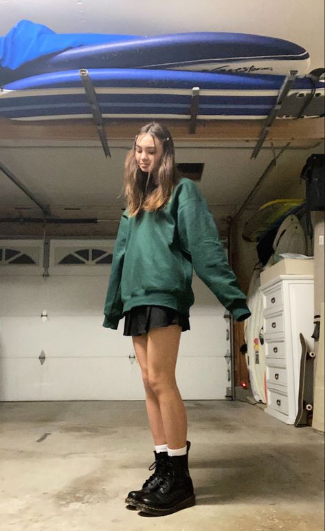 Oversized Hoodie And Tights Outfit, Dress Under Sweater Outfit, Hoodie And Boots Outfit, Green Oversized Sweater Outfit, Green Flare Leggings Outfit, Dress Under Sweater, Hoodie Under Shirt Outfit, Comfy Oversized Outfits, Grey Tshirt Dress Outfit