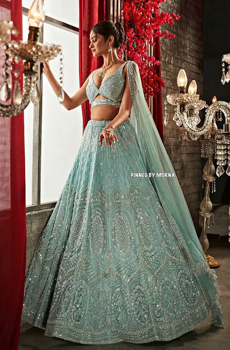 Annu's Creation - India 🇮🇳 Sea Blue Lehenga, Light Color Lehenga, Annus Creation, Sangeet Outfit Bridal, Pearl Lehenga, Light Blue Lehenga, Sky Blue Lehenga, Heavy Lehenga, Desi Fits