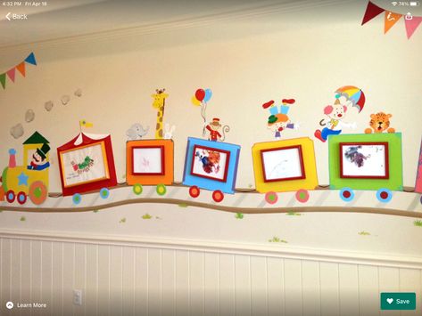 Playroom Murals, Angel Baby Cartoon, Display Kids Artwork, Painting Balloons, Infant Room Daycare, Circus Nursery, Playroom Mural, Primary School Art, Displaying Kids Artwork