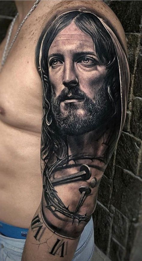 Jesus Tattoo On Arm, Jesus Tattoo Sleeve, Religious Tattoo Sleeves, Tato Realis, Tattoo Jesus, Jesus Christ Tattoo, Jesus Tattoo Design, Body Tattoo Design, Christ Tattoo