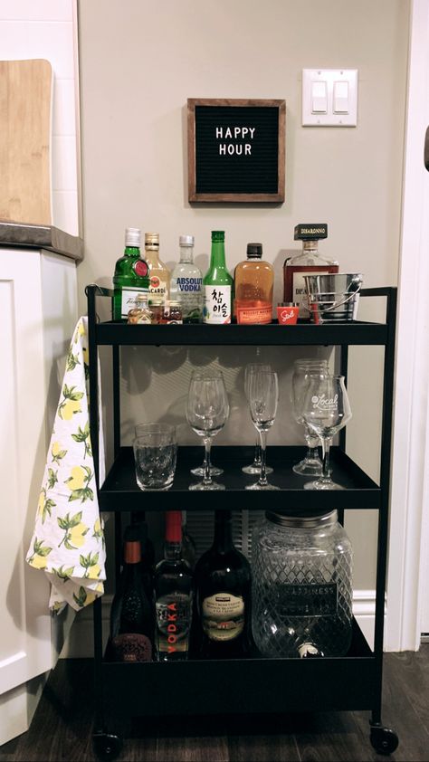 Ikea NISSAFORS utility cart as home bar cart Utility Bar Cart, Nissafors Ikea Bar, Bar Carts Apartment, Bar Cart Utility, Ikea Nissafors Bar Cart, Home Bar Trolley, Ikea Mini Bar, Nissafors Bar Cart, Black Bar Cart Styling