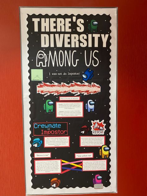 This is a college reslife bulletin board about diversity, based off the ever so popular game, Among Us. Diversity Bulletin Board College, Among Us Bulletin Board, Among Us Classroom Theme, Bulletin Board Ideas For College, Bulletin Board College, Diversity Bulletin Board, Residence Life Bulletin Boards, Pta Bulletin Boards, Dorm Bulletin Boards