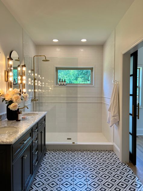 Modern Parisian Bathroom Reveal at Greystone House Modern Parisian Bathroom, French Modern Bathroom, Parisian Bathroom French Style, En Suite Ideas, Greystone House, Black And White Tile Bathroom, Parisian Bathroom, White Tile Bathroom, Black And White Tiles Bathroom