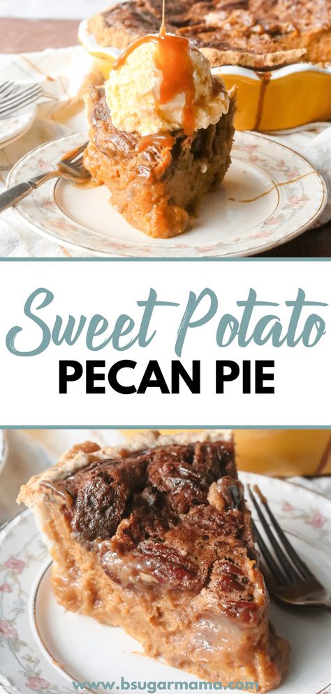 Delicious and healthy, this Sweet Potato Pecan Pie Recipe is the perfect holiday dessert that you will want to make year after year. It's the perfect balance of sweet and salty with a touch of buttery goodness! Pie Easy Recipe, Sweet Potato Pecan Pie, Southern Sweet Potato Pie, Eggs And Sweet Potato, Sweet Potato Pies, Sweet Potato Pie Southern, Sweet Potato Pecan, Pecan Pie Easy, Buttery Pie Crust