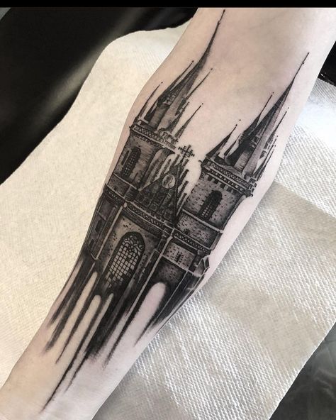 Cathedral Tattoo, Castle Tattoo, Castle, Tower, Tattoos, Black