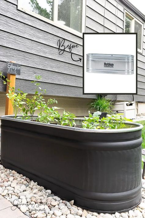 Raised Garden Bed Trough, Raised Trough Planter, Livestock Trough Planter, Galvanized Tank Garden, Raised Garden Planters Ideas, Raised Garden Bed In Front Of House, Garden Stock Tank, Cattle Trough Garden, Black Garden Boxes