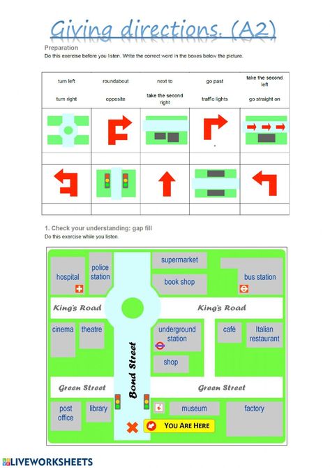 Listening comprehension interactive worksheet for A2. You can do the exercises online or download the worksheet as pdf. Drivers Education Worksheets, Giving Directions Worksheet, Directions Worksheet, English Language Course, English Teaching Materials, Drivers Education, Dealing With Difficult People, Social Studies Worksheets, Listening Comprehension