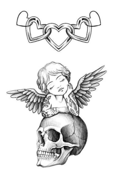 Cherub With Tattoos Tattoo, Shaded Angel Tattoo, Thigh Angel Tattoo, Tattoo Cherub Angel, Tattooed Angel Tattoo, Cherub And Skull Tattoo, Angel Outline Tattoo Simple, Angel Leg Tattoos Women, Baddie Angel Tattoo